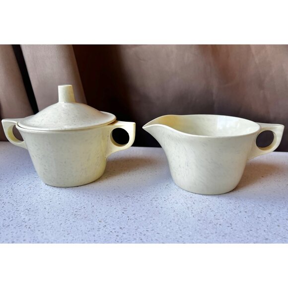Imperial Ware Melamine Speckled Yellow Creamer Sugar Dish & Lid MCM Melmac - Picture 2 of 7